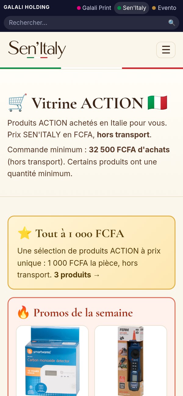 La vitrine Sen'Italy des produits ACTION sur téléphone